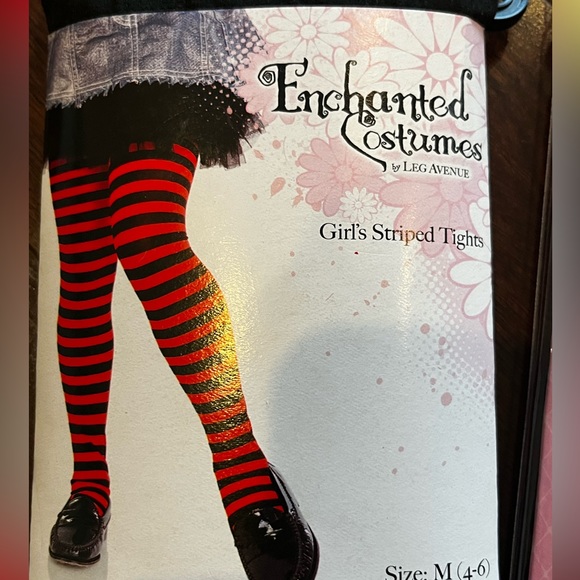 ⭐️NEW - 2 Girls M (4/6) Tights (1) footed red/black stripes & (1) black footless - Picture 2 of 5
